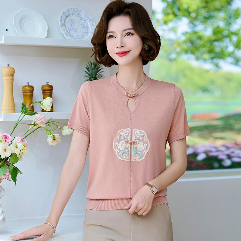 New Chinese Style Embroidered Ice Silk Short Sleeve T-Shirt for Middle-Aged Women