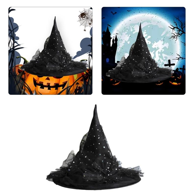 Halloween Party Tulle Sequins Witch Hats Party Wide Brimmed Pointed Hat Accessory Unique Witch Hat Conjurer Hat
