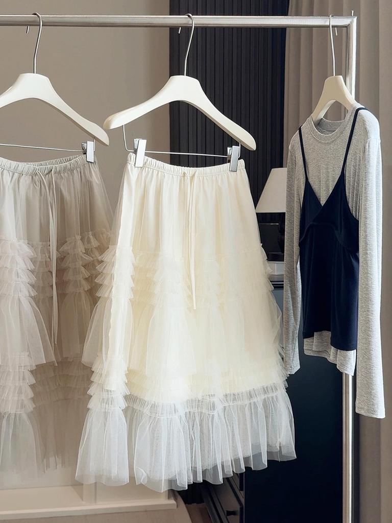 Women's Spring A-line Mesh Lace Cake Skirt - Gentle, Sweet, Fluffy Midi Design