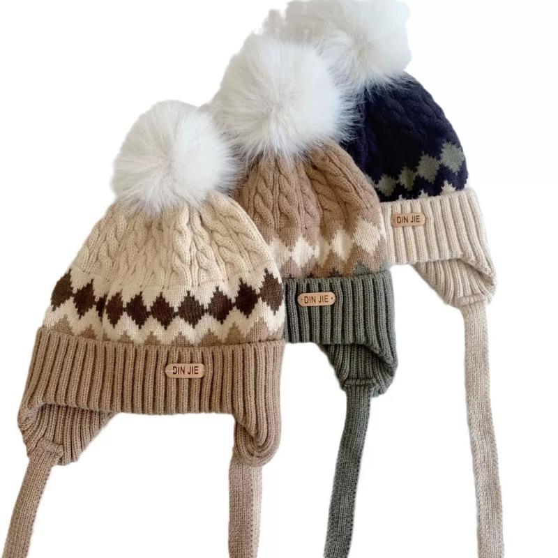 New Children's Rhombus Jacquard Knitted Ear Protection Hat for Boys and Girls' Babies Autumn and Winter Fleece Warm Hat