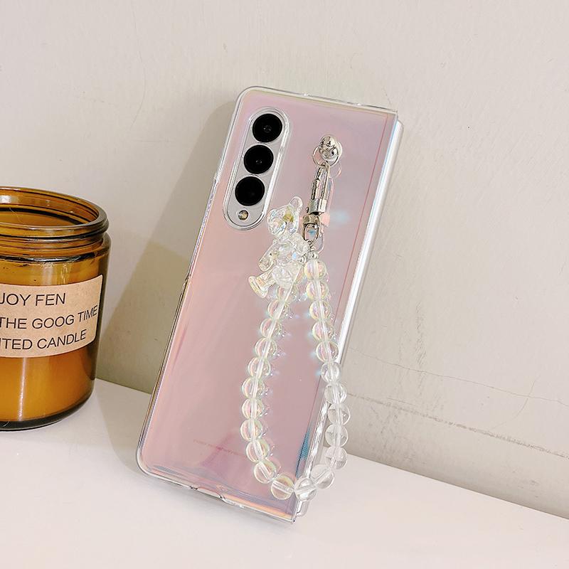 3d kryształowy niedźwiedź przenośna bransoletka z koralików etui na telefon do Samsung Galaxy Z Fold 3 5g Laser Dazzle twarda przezroczysta okładka