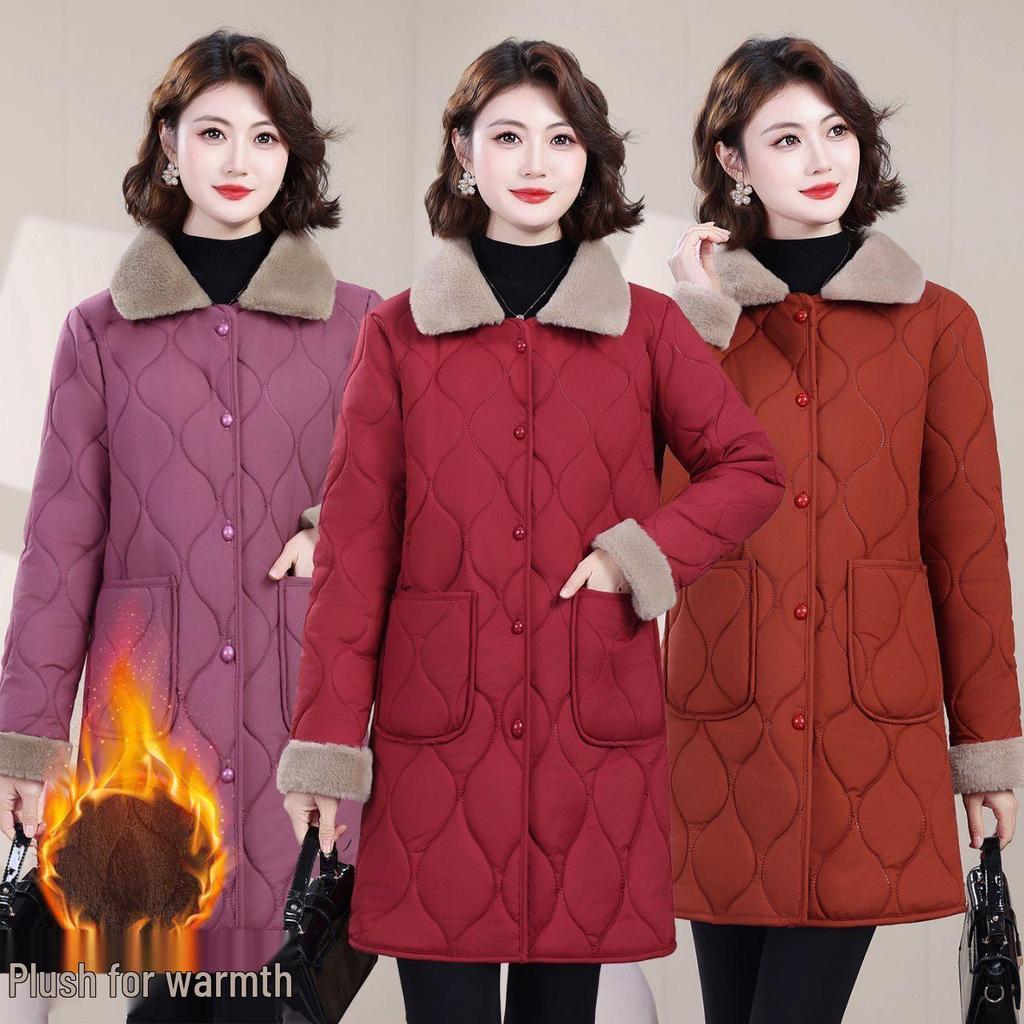 Stylish Mid-Length Winter Cotton Coat for Middle-Aged and Elderly Women with Plush Lining