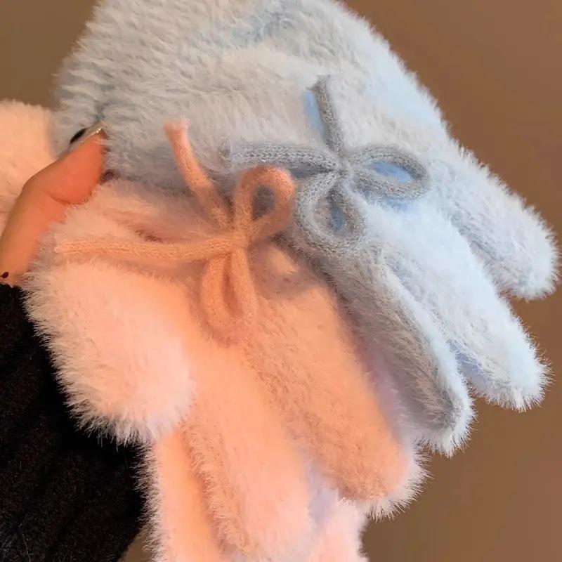 

Специальный выпуск для новичков: Перчатки в корейском стиле с синим бантом, вязаные, плюшевые, на флисовой подкладке