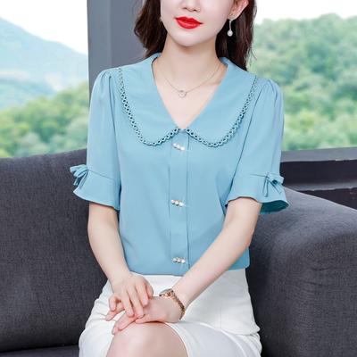 Women's Buttons Blouse Summer Korean Solid Blue White Tops Ladies Short Sleeve Office Peter Pan Collar Chiffon Blouses