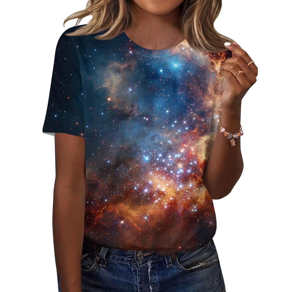 Women's Fashionable Casual Short Sleeve Print Round Neck Pullover Top