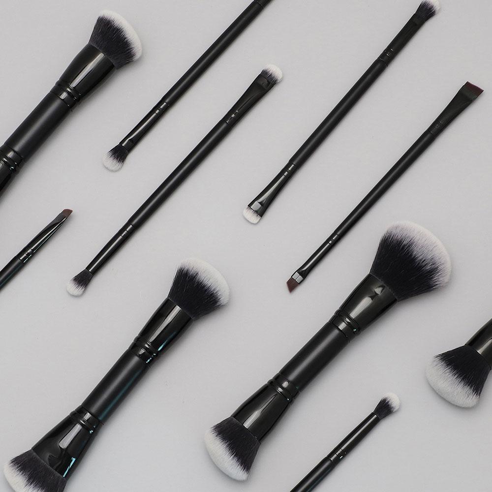 HMU Custom Logo Black 5PCS Synthetic Hair Wooden Handle Double Ended Eyeshadow Blending Eyebrow Powder Foundation Makeup Brush