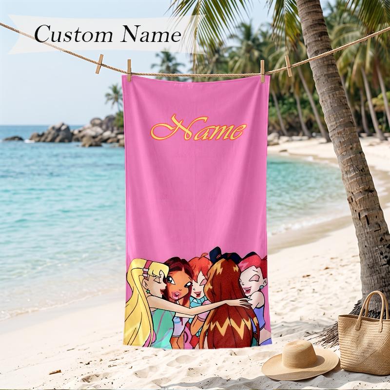 Winx Club Custom Name Printed Beach Towel Personalized Soft Towel For Swimming Beach Travel