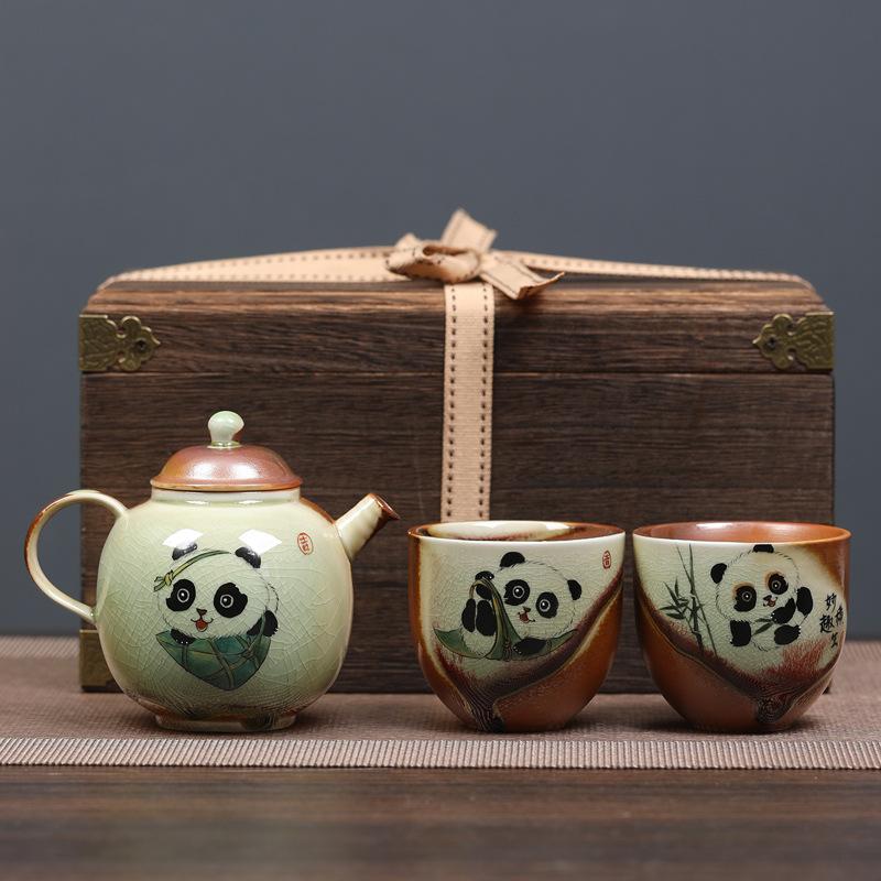 Hand-painted panda tea set, light luxury outdoor travel ceramics, one pot and two cups, gifts for public relations when the company opens