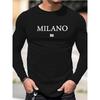 3D Milano Printed Casual Minimalist Sports Long Sleeved Men's T-shirts - Soft Medium Stretch Polyester Fabric Spring and Autumn Relaxed Fit Clothing