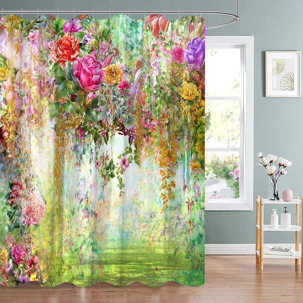 Beachfront Bathroom Shower Curtain Starfish Ocean Coconut Tree Tropical Landscape Polyester Hanging Curtain Bathroom Decor Hooks W90XH180cm