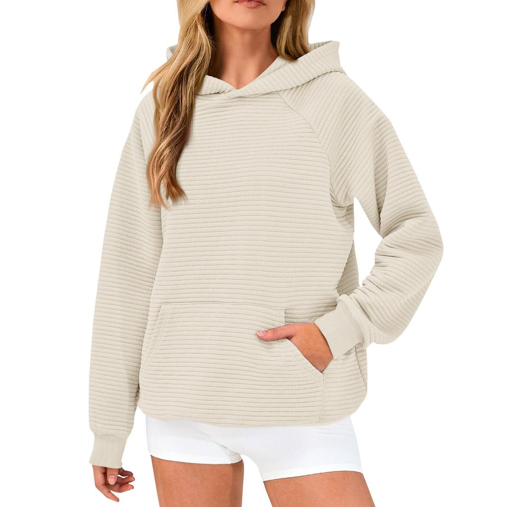 Long Sleeve Sweatshirts For Women Loose Casual Solid Color Tunic Hoodies Trendy Texture Pullover Tops Fall Tops With Pocket