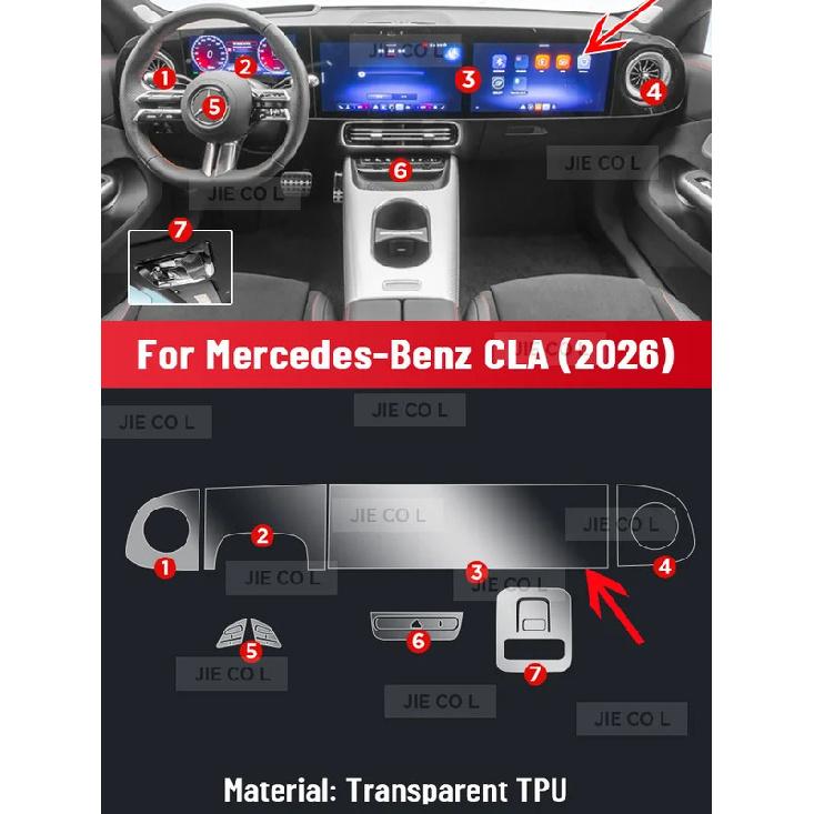 Pro Mercedes Benz CLA 2026 Nová Energie Ochranná fólie na středovou konzoli, palubní desku a navigaci proti poškrábání z TPU