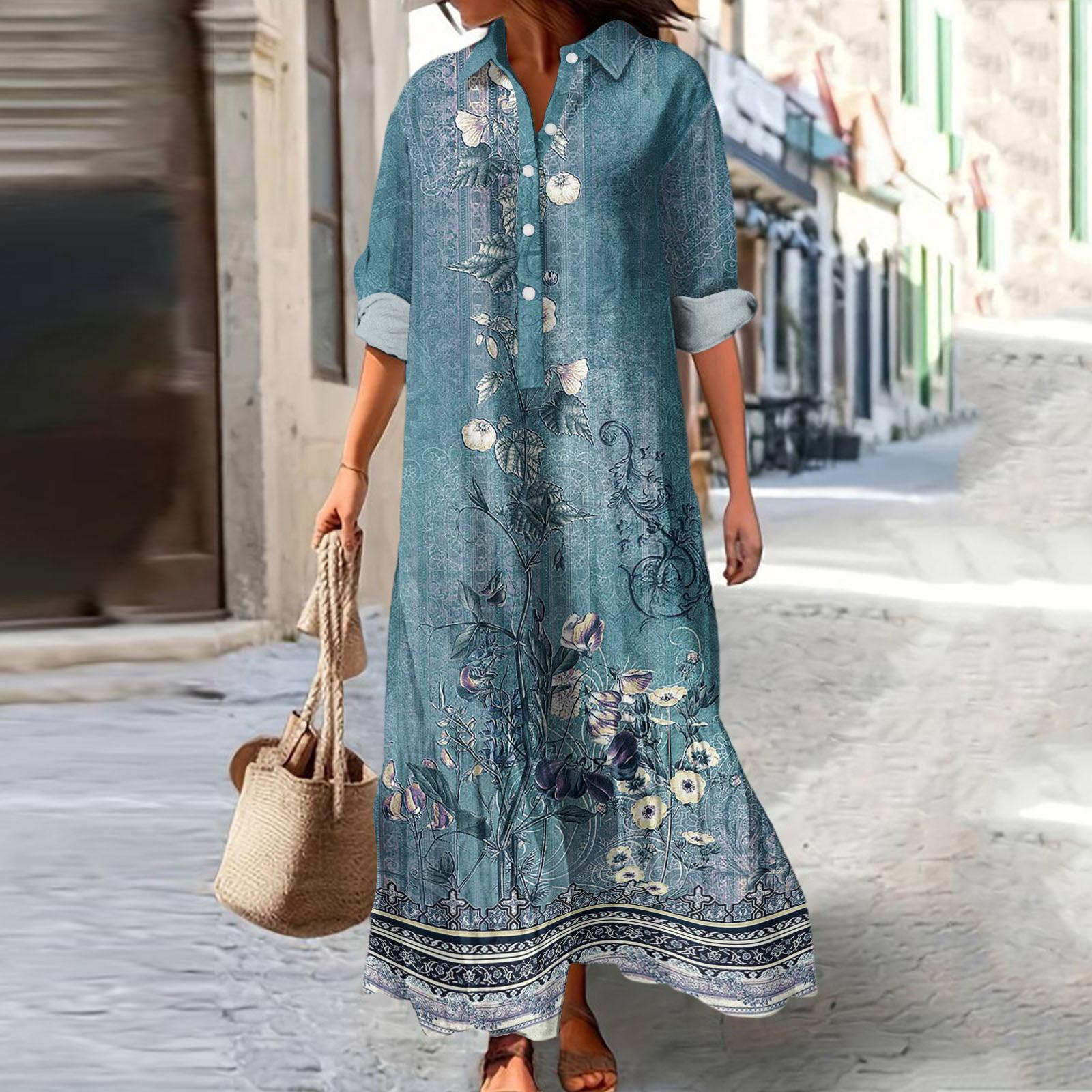 

Women s Casual Loose Fashionable Floral Print Dress XL ціан