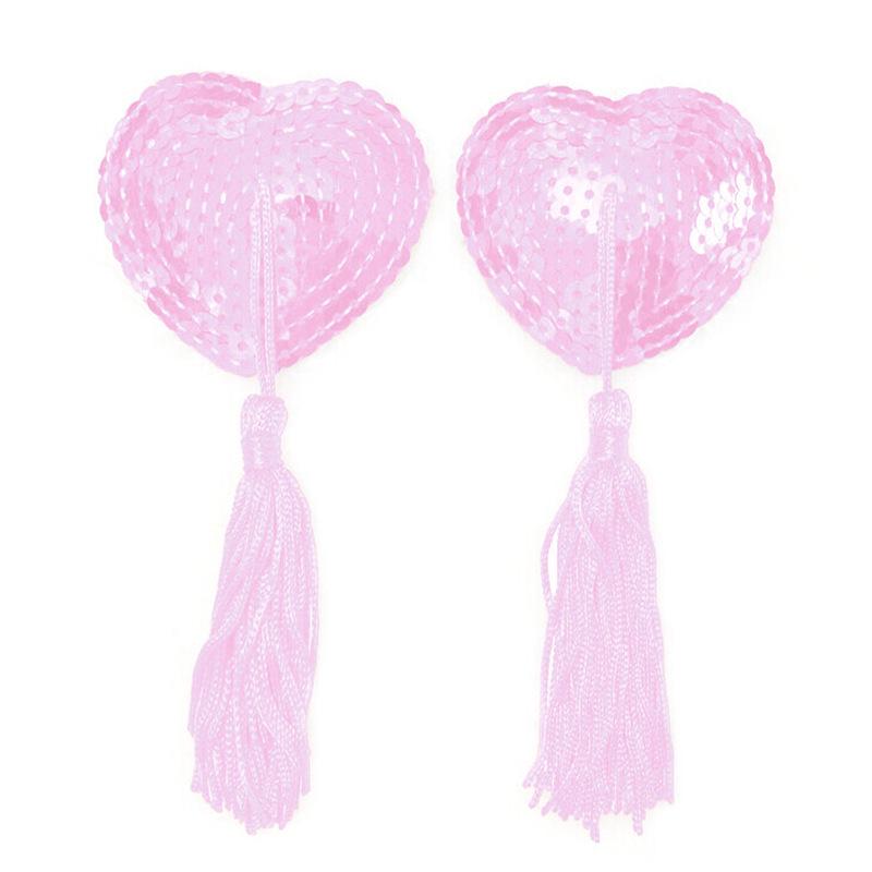 Heart-Shaped Sequined Nipple Covers with Tassels - Silicone Pasties Lingerie Accessories