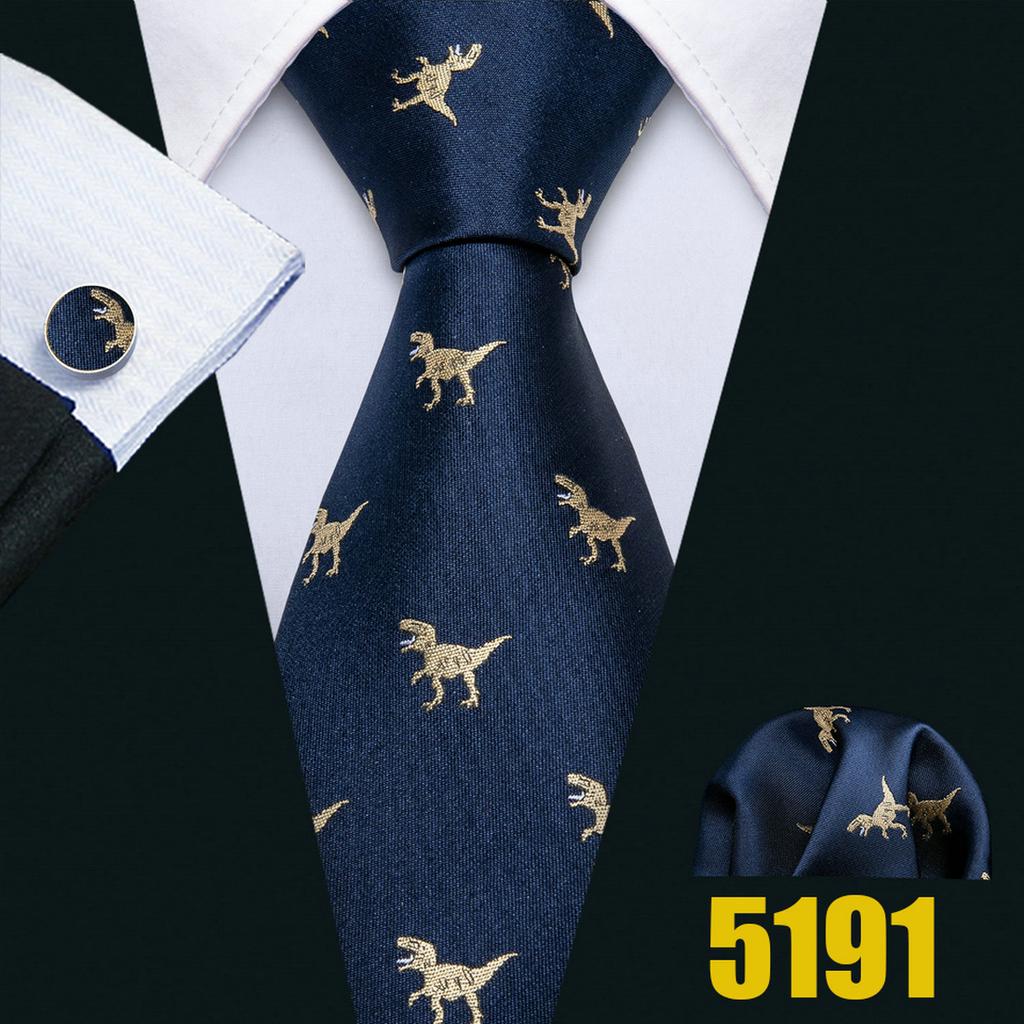 Barry.Wang Fun Animal Ties for Men Novety Design Handkerchief Cufflink Casual Woven Necktie Set