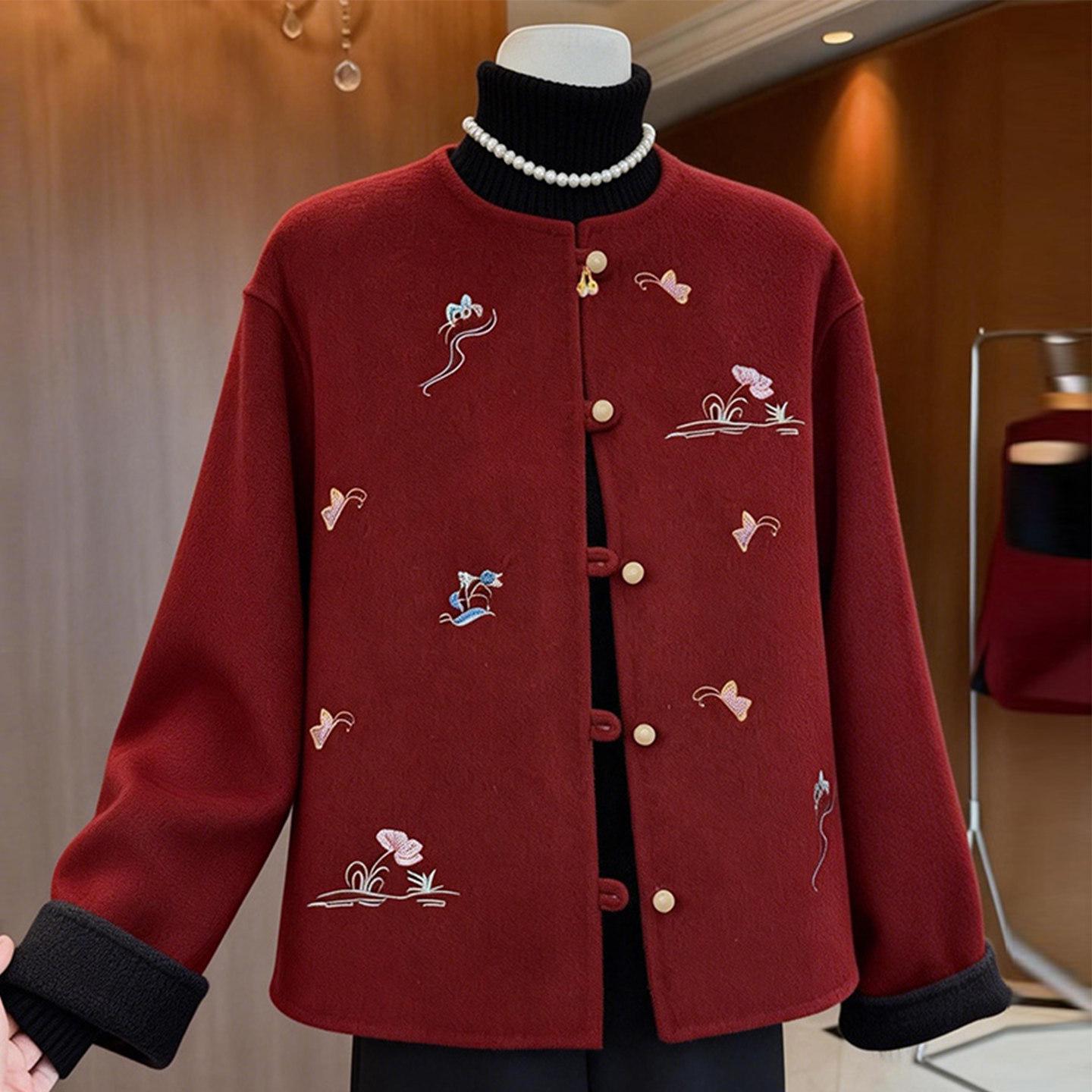

Women s Floral Double-Sided Woolen Coat - Round Neck for Middle-Aged & Elderly - Winter Wear Medium (recommended for 52.5-67.5 kg)