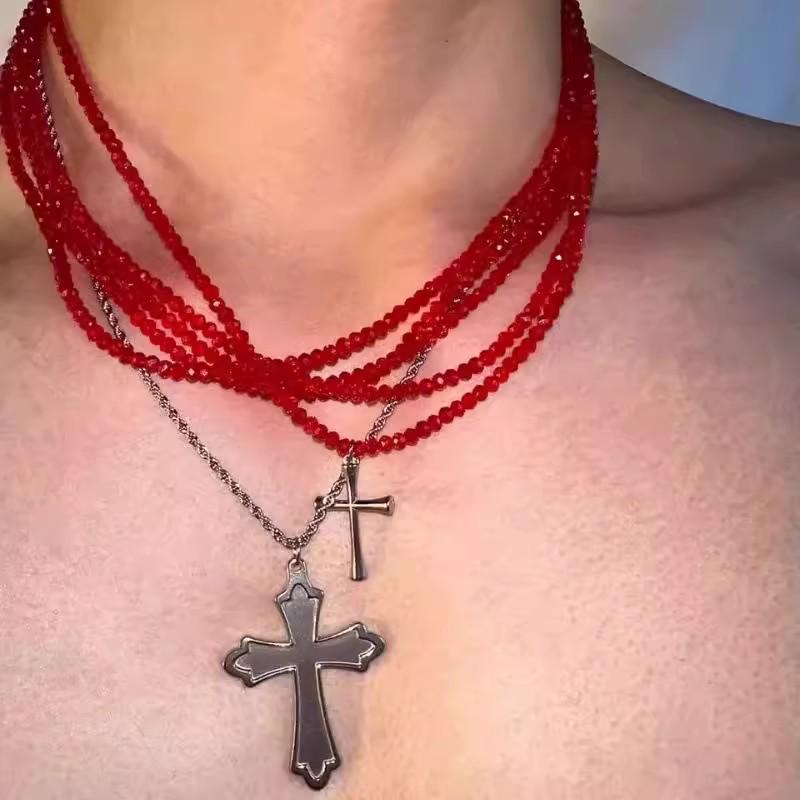 2024 Mehrlagige Rotes Kreuz Choker-Halskette im Original-Design mit Titanstahl