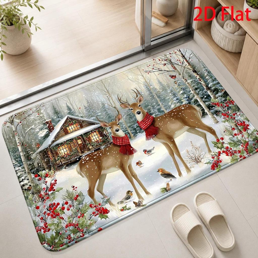 Festive Winter Woodland Deer Rug Carpet Mat Polyester Throw Rug for Christmas Holiday Home Decor Rustic Cabin Living Room Entryw
