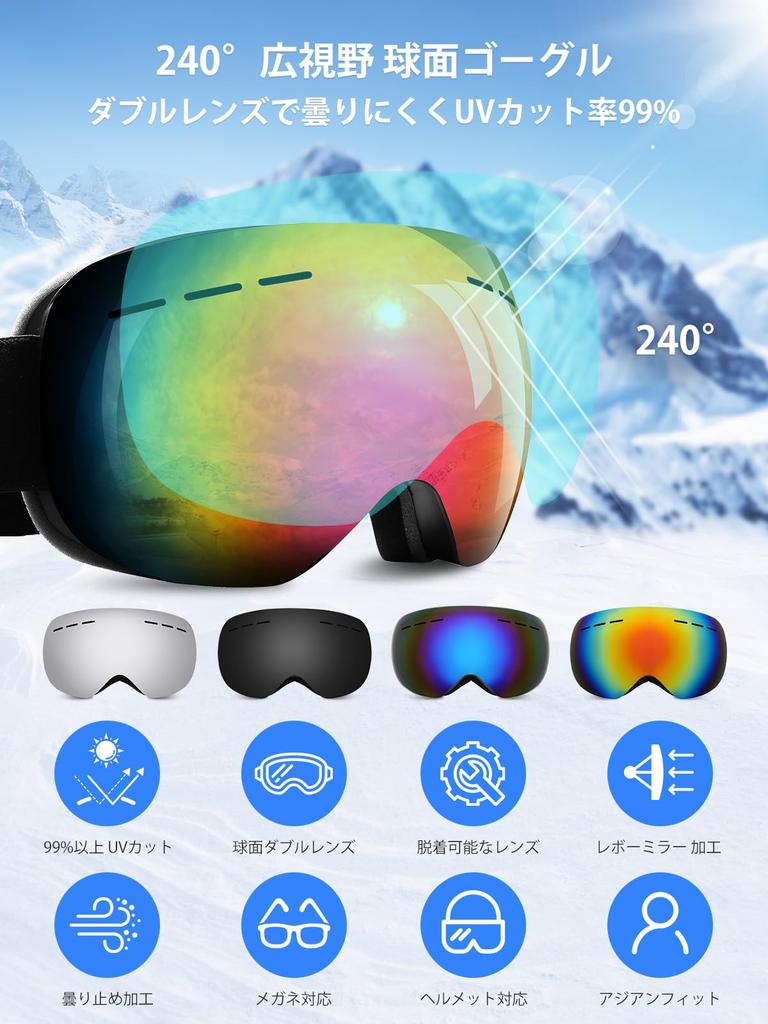SUPTMAX Ski and Snowboard OTG Wide Field of Spherical UV Glasses and Lightweight and for Men and Hiking or Skiing VLT Goggles, 240° View, Dual-Layer