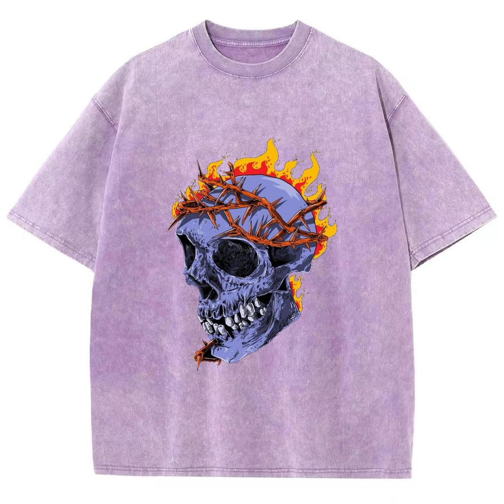 Skull Flame Print Women's T-Shirt Fashion Design High Street Hip Hop Short Sleeve Loose ZTE Wash Vintage Top