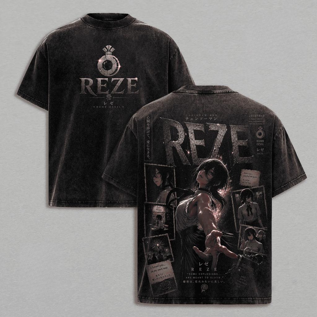 Reze Chainsaw Man Anime T-shirt Manga Harajuku Vintage Washed T Shirt Men Unisex Clothing Summer Oversized Cotton Tees Clothes