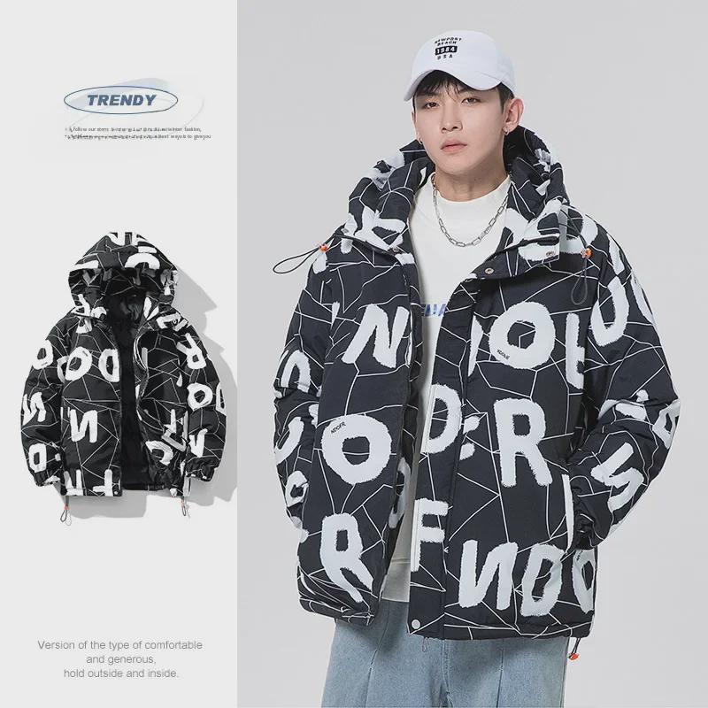 

Мужское хлопковое пальто с капюшоном в американском стиле — новый зимний тренд, принт с буквами, свободный крой, стильное для подростков и студентов M чёрный