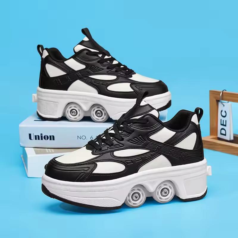 Double Row Quad Roller Skates for Teens-Retractable Wheels Lace-Up Leather Material Shoes Unisex Youth Gift