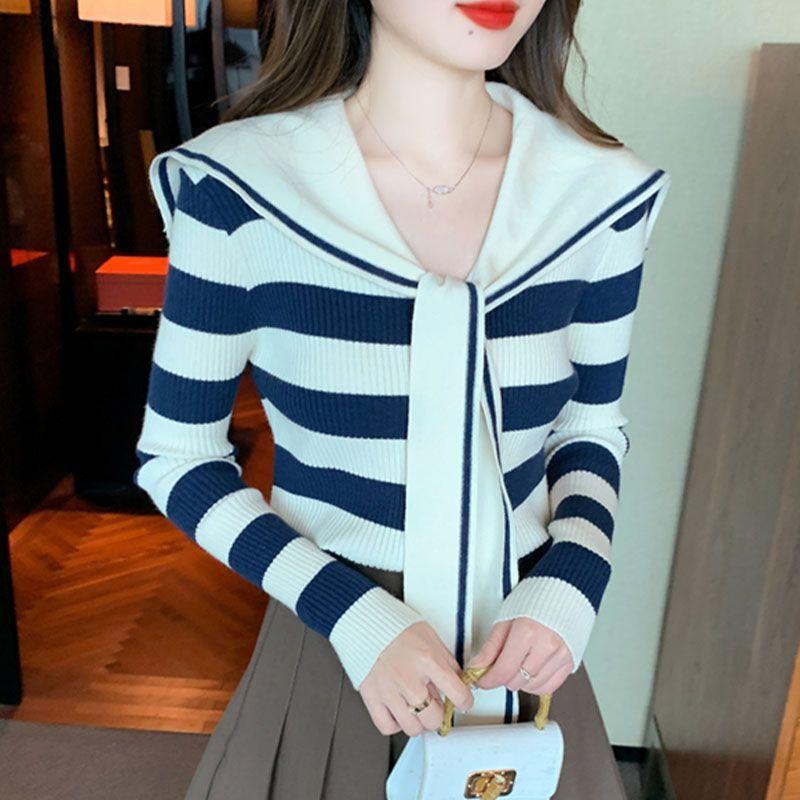 Preppy Style Korean Autumn/Winter Women's Sailor Collar Striped Contrast Color Button Fashion Loose Long Sleeve Sweaters Tops
