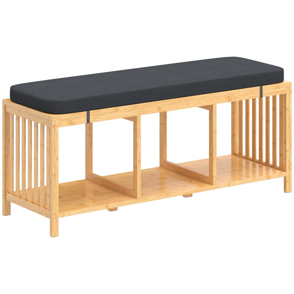 Bamboo Shoe Bench Hallway Bench With Padded Seat Cushion And Open Shelf Natural Wood Look