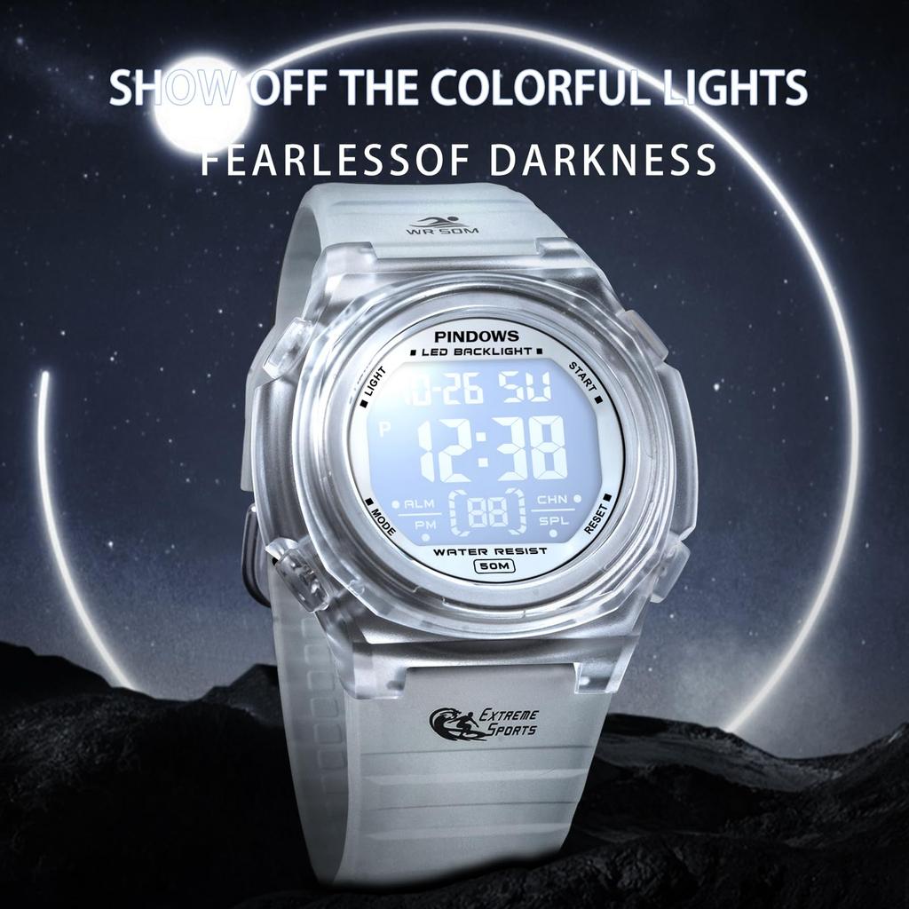 PINDOWS Digital Sports 50m Water LED Backlight Wristwatch with and Perfect for Everyday Use Indoors and Outdoors Women's Watch, Resistant, Alarm,
