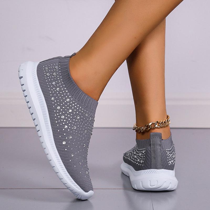 Women's Slip-On Crystal Sneakers Breathable Mesh Plus Size Casual Flats Women Comfort Soft Sole Running Walking Shoes