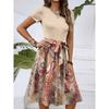 Women's Fashionable Retro Patterned Printing Color Blocked Belt Casual Dress