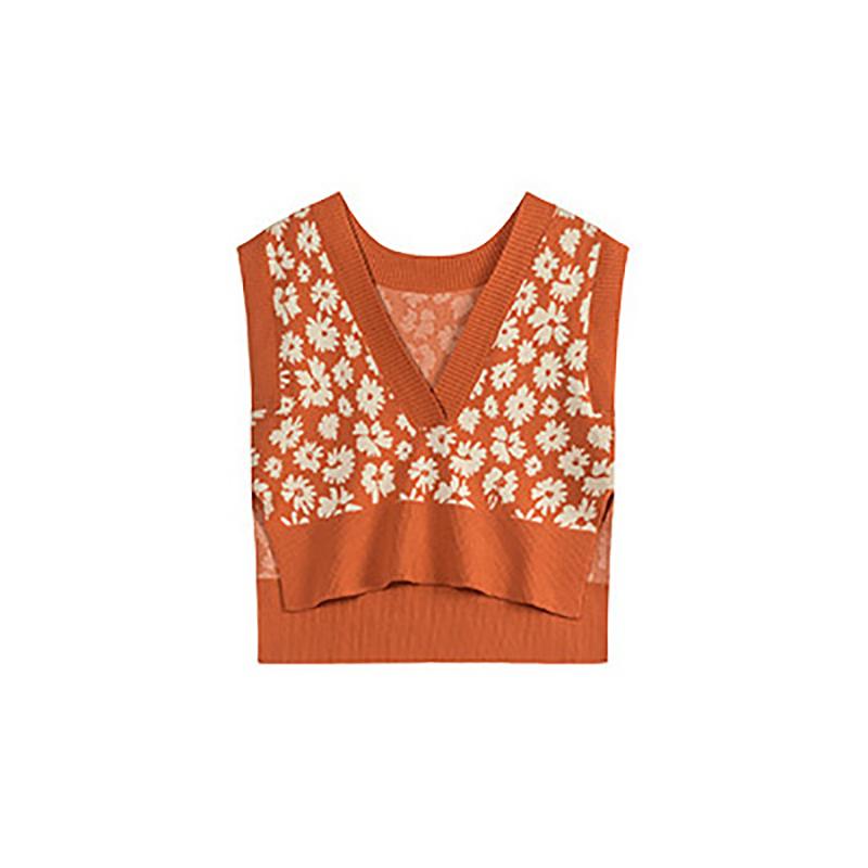 Floral Sweater Vest Women Autumn Winter Fashion Knitted Vest Sleeve Jackets  V Neck Woman Pullover Jumper Girl Sweater Retro English Wind