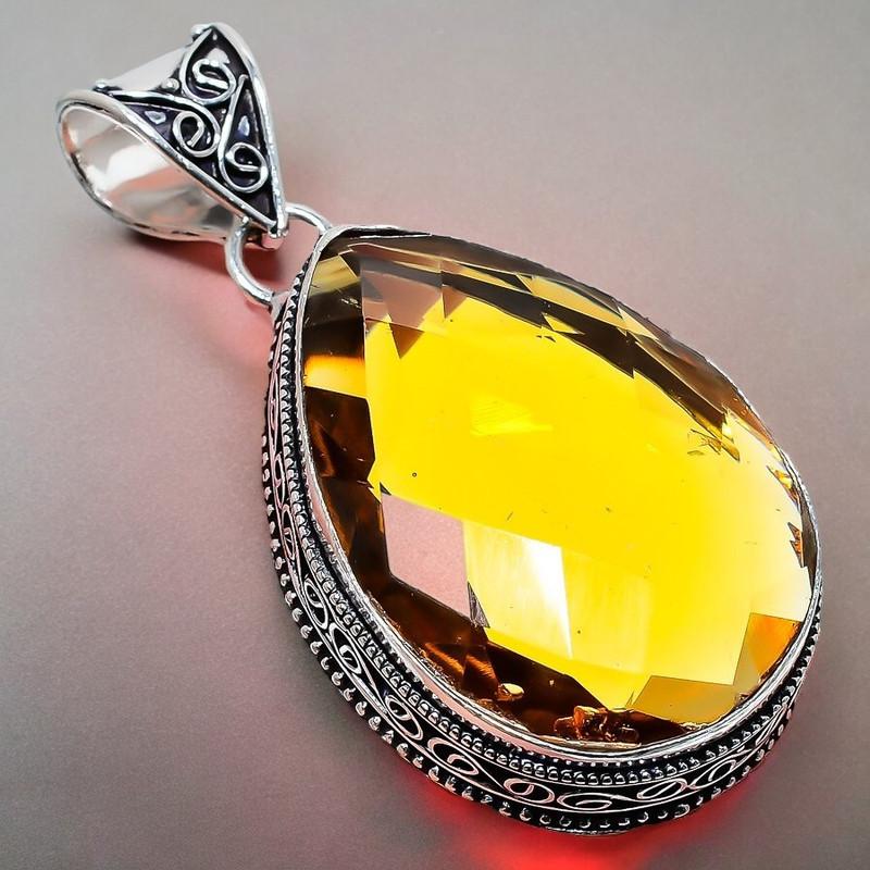 Citrine Gemstone Handmade 925 Sterling Silver Jewelry Pendant 2.17" AH-836