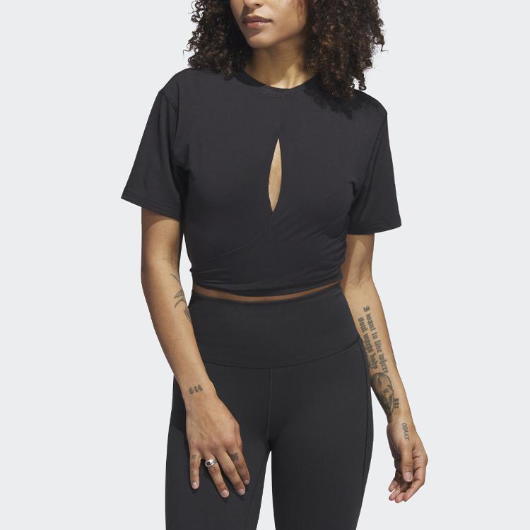 Adidas Yoga Studio Solid Color Hollow Front Short Sleeve T-Shirt Women Tops Black HS8115