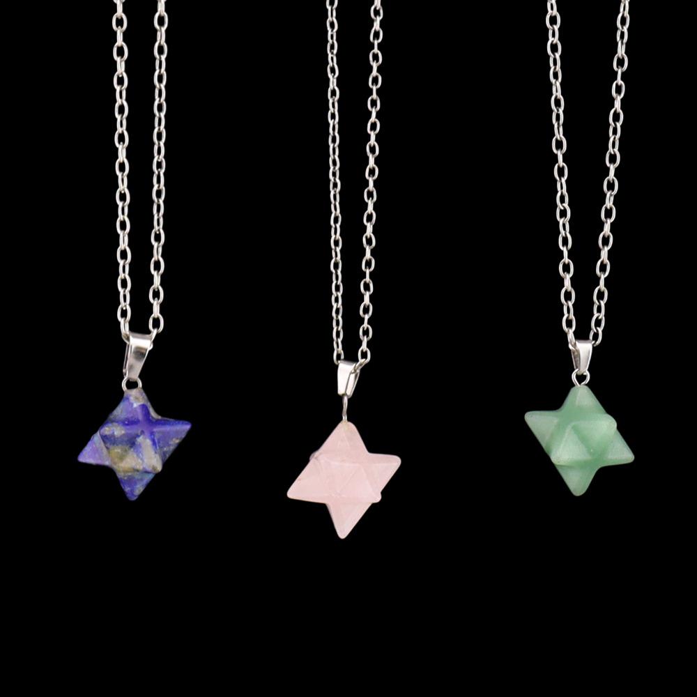 Large Natural Stone Pendant: 24mm Amethyst Rose Quartz Kabbalah Star Necklace