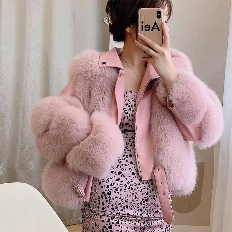 New Whole Leather Imitation Fox Fur Imitation Fur Jacket Women's Fashion Locomotive Short Light Coat Pink