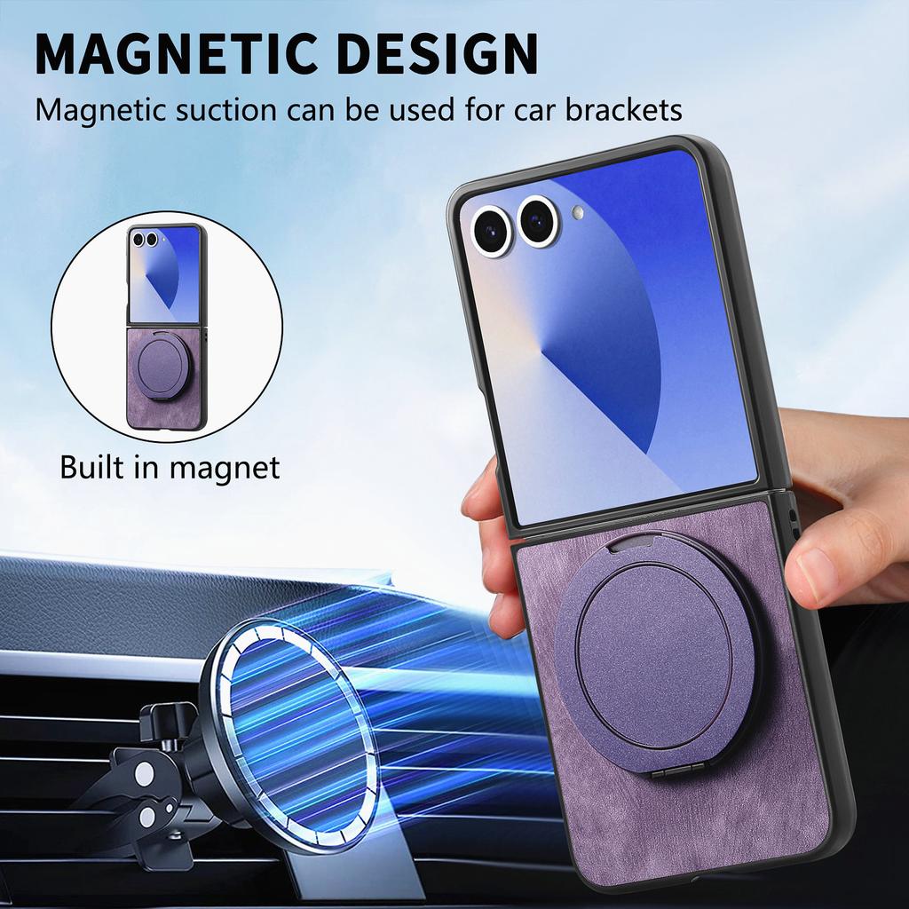 For Samsung Galaxy Z Flip7 5G Phone Case with Rotating Kickstand Stress Relief Retro Leather Back Cover