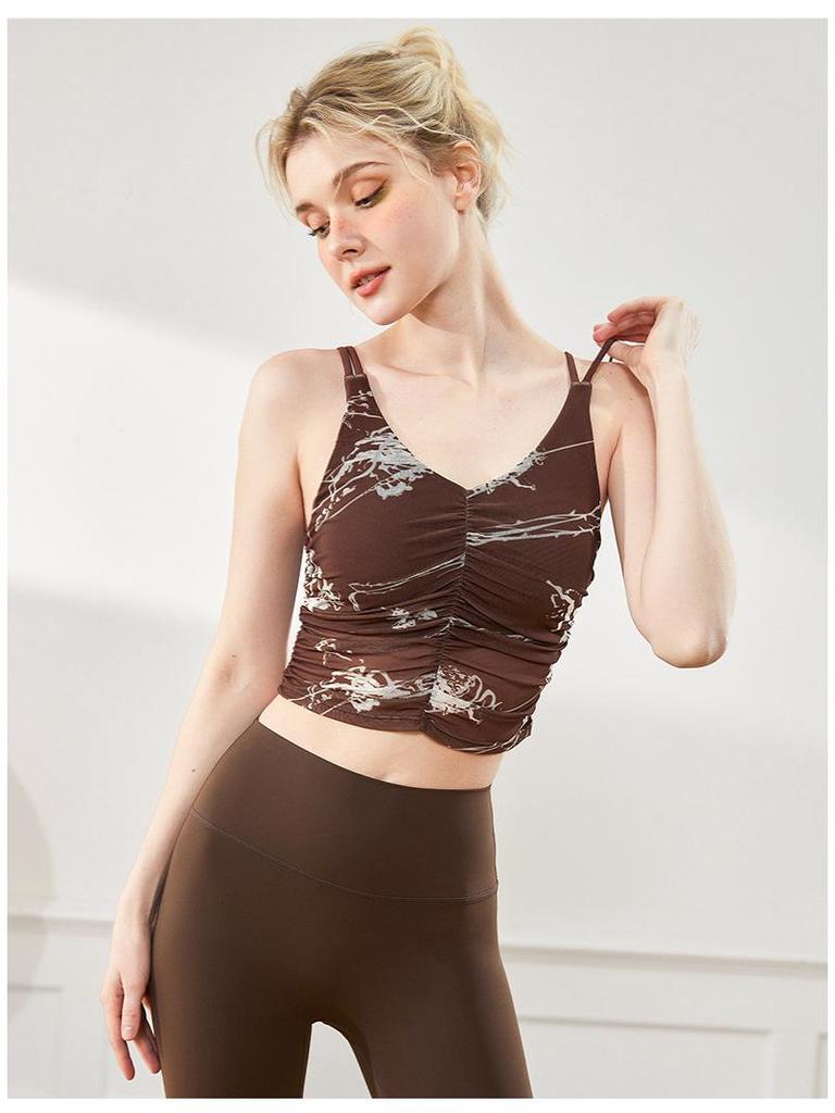 Women's Ruched Print Yoga Sports Bra with Built-in Pads & Stylish Back Design