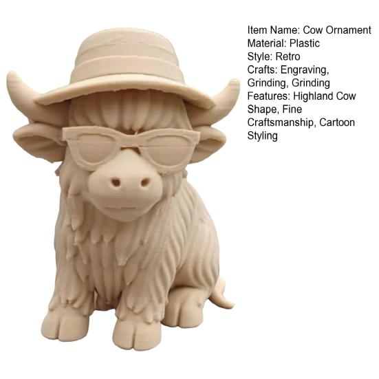 Highland Cow Home Bonsai Decor Mini Cow Figurine with Cowboy Hat 3D Printed Realistic Texture Halloween Ornament