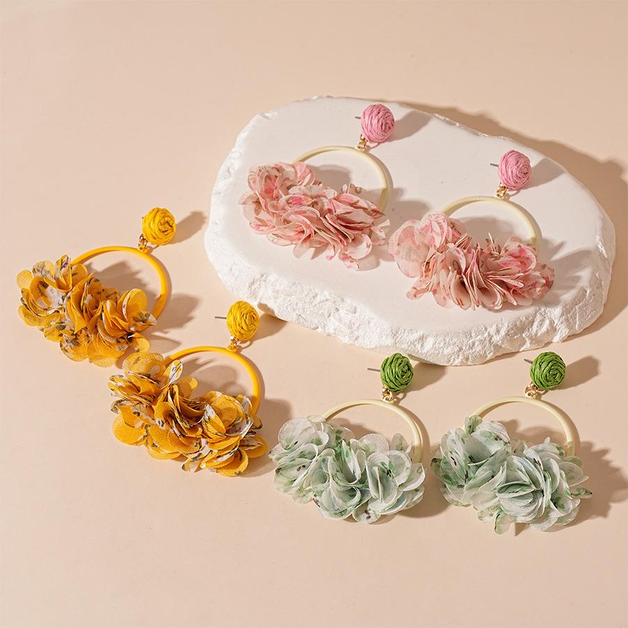 Early Spring Vacation Wind Fabric Flower Geometric Steel Needle Earrings European and American Sweet Niche Earrings
