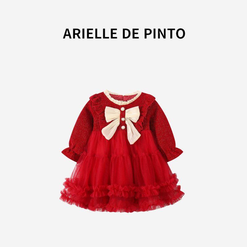 French Arielle De Pinto Autumn Girls Mesh Dress Fashionable Kidsren s Bow Skirt Autumn Clothing Burgundy 130cm