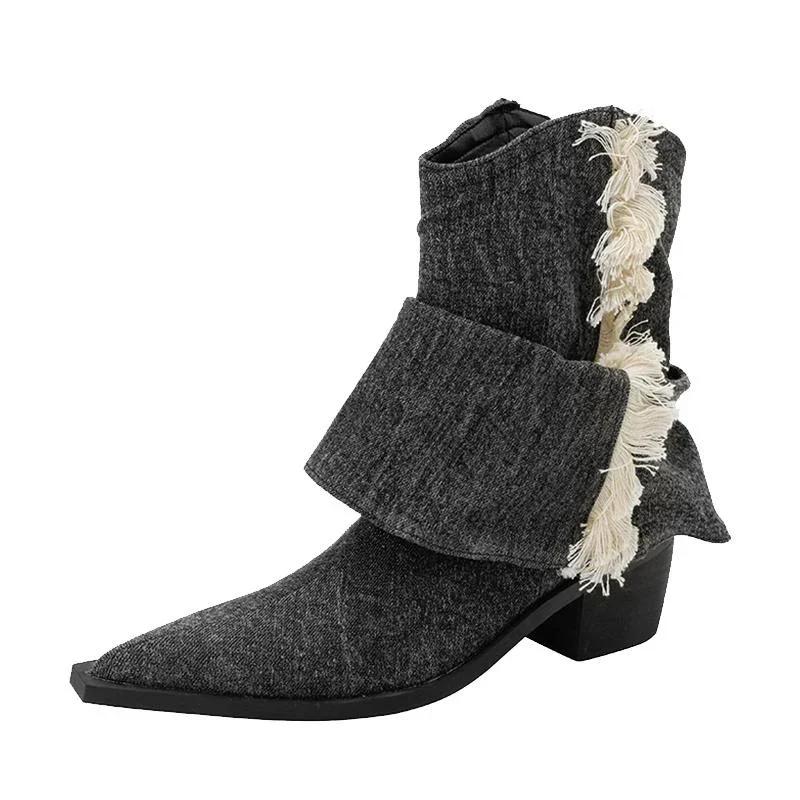 Vintage Thick Heel Women Denim Western Cowgirl Boots Fashion Slip On Shoes Autumn Winter Ladies Tassels Short Booties