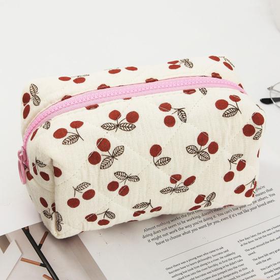 Quilted Cosmetic Pouch Soft Zippered Cute Peach Cherry Toiletry Bag Travel Makeup Bag Portable Organizer