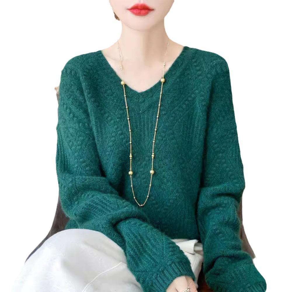 2024 Autumn/Winter Pure Wool V-Neck Loose Fit Women's Sweater with Hollow Diamond Cable Knit Design