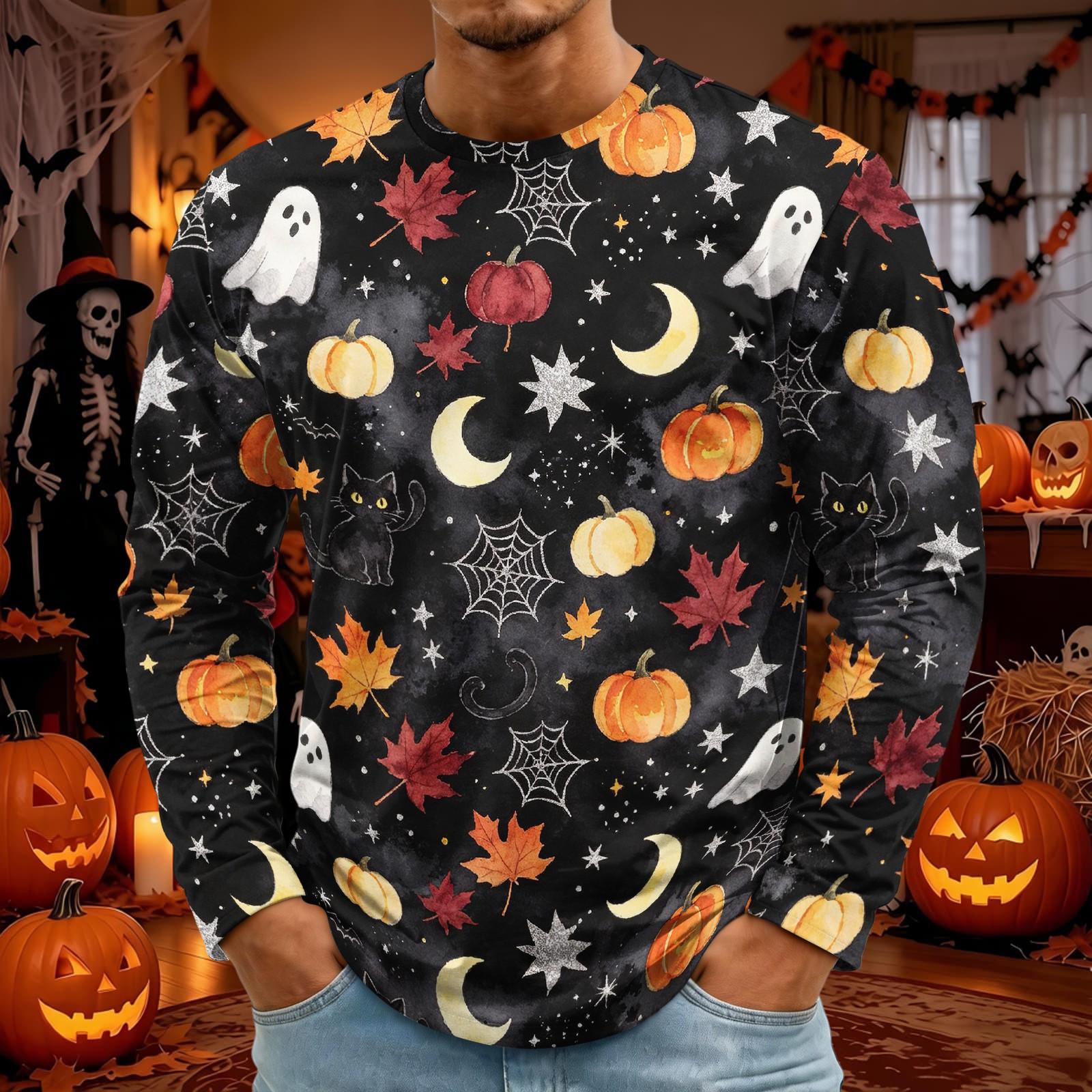 Men s Halloween Print Long Sleeve Neck T-Shirt for Party and Casual Wear S