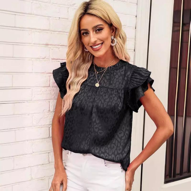 2025 Letnia moda Leopard Print damska bluzka Nowa swobodna prosta koszula z falbaniastymi rękawami plisowana damska góra plus size luźna odzież damska 3670
