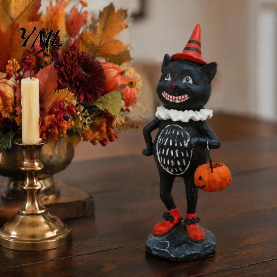 Cute Spooky Shelf Sitters Wooden Halloween Resin Figurines, Pumpkin Scarecrow Wizard Owl Black Cat Holiday Fireplace Mantel Decor Statue, Rustic