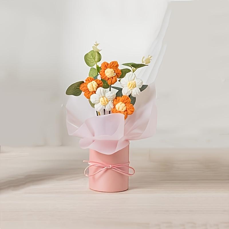 1PC handmade crochet bouquet with pink vase, including crocheted flower fabric wrapping paper and ribbon - carefully woven cotton thread