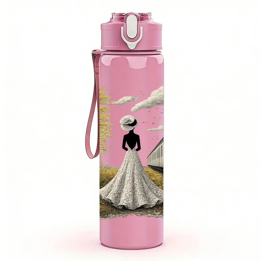 1PC Bride Girl Under Tree Train Scene Print 750ml Color Plastic Sports Water Bottle Leakproof Flip Straw Lid Suitable for Sports Office Home Use